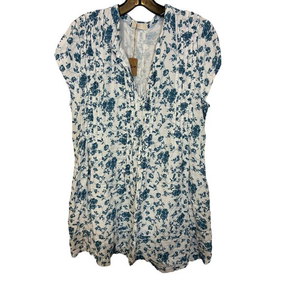 NWT CP Shades Blue Ditsy Floral Notched Neck Mini Dress Cotton Beach Malibu M - Picture 1 of 5